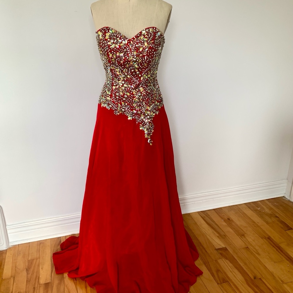 Elegant Red Strapless Gown Aurora Borealis Beaded Bodice